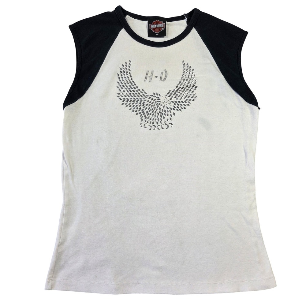 Y2k Harley Davidson Women Tank Top Rhinestone Eagle Sleeves XL Tight Grunge Punk